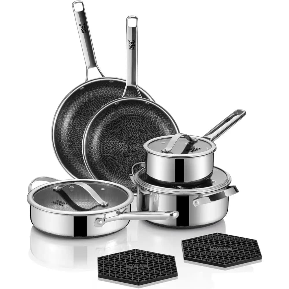 Set di Pentole Antiaderenti in Acciaio Inox da 10 Pezzi con Padella, Lavabile in Lavastoviglie e Adatto al Forno, Compatibile con Tutti i Tipi di Piano Cottura