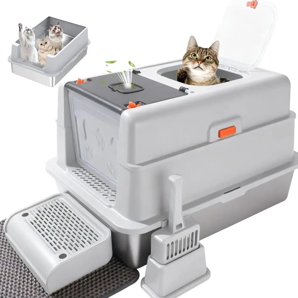 Lettiera per gatti extra large in acciaio inossidabile con controllo degli odori da 28 L×20 W, set di lettiera in metallo per gatti 4 in 1, illuminazione metallica rimovibile chiusa