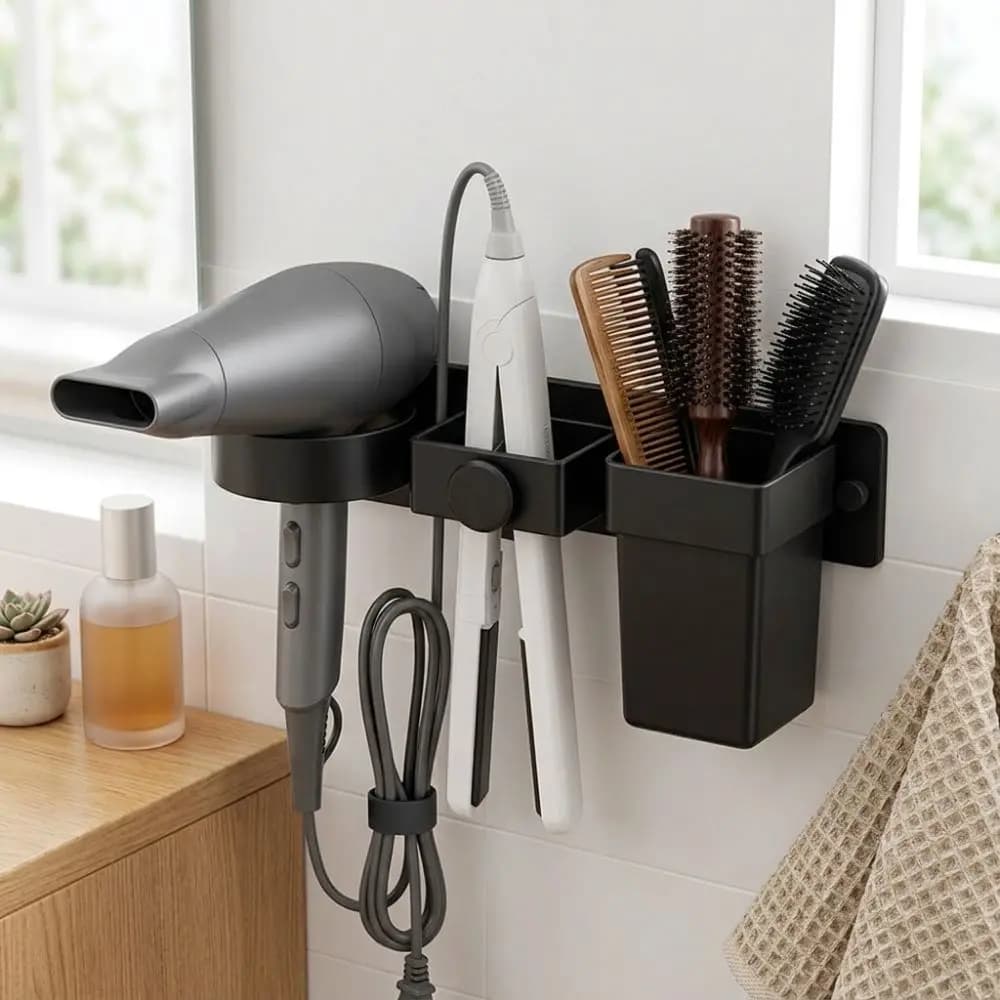 Multi-Slot Wall Mount Hair Dryer Holder Detachable Cup Moisture Resistant Curling Iron Storage Rack Large Capacity Plastic