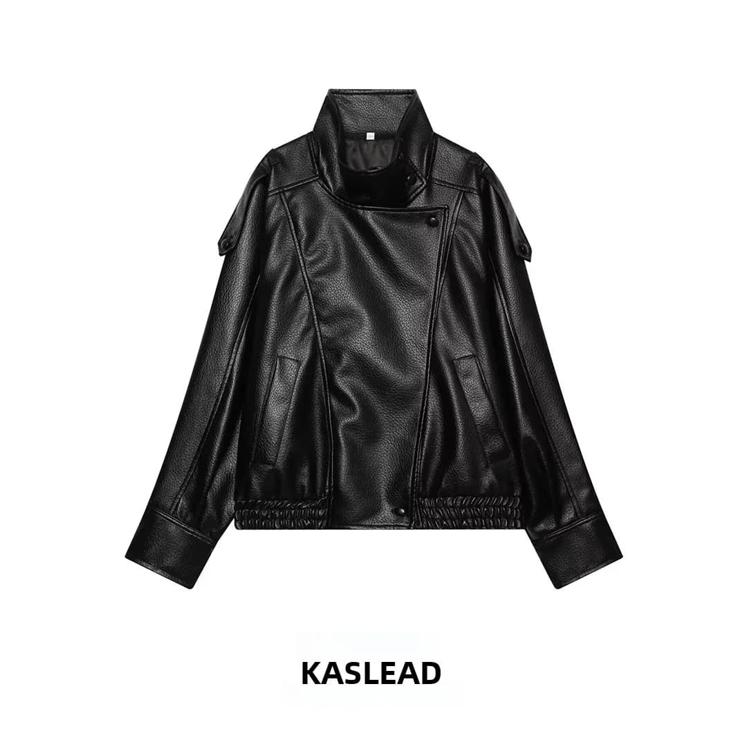 KASLEAD New Women's Black Stand Collar Motorcycle Jacket Faux Leather Outerwear Long Sleeve Zipper Closure Polyester Fiber