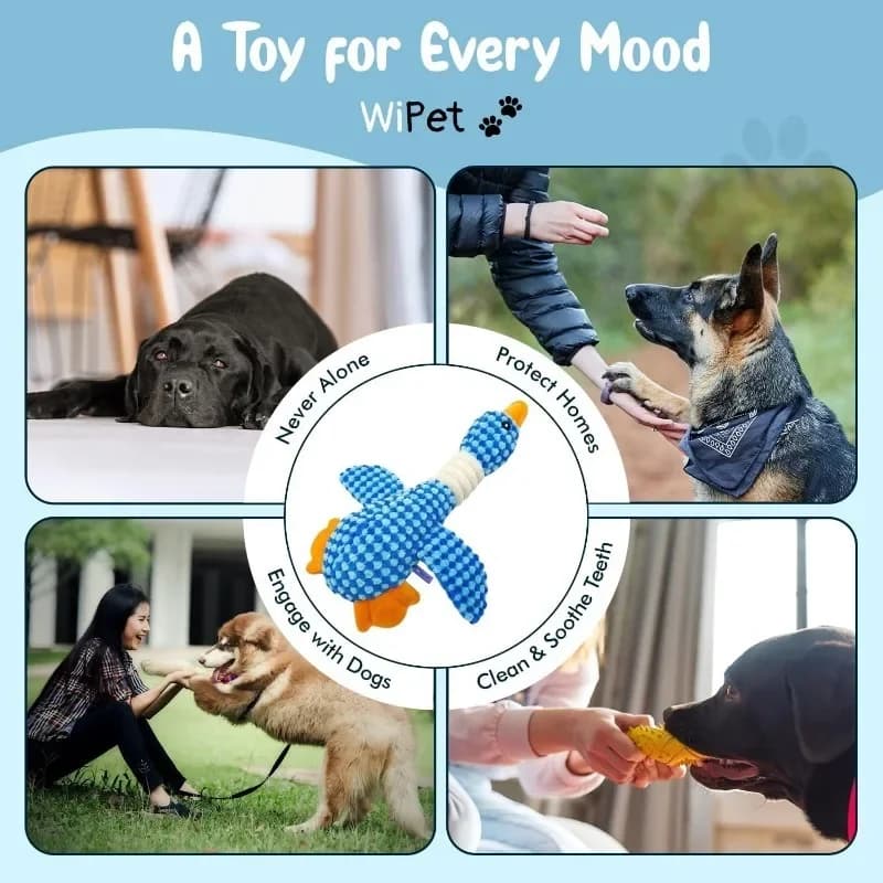 Nuovo popolare giocattolo per animali domestici a due colori blu a forma di oca, giocattolo interattivo in peluche antiscivolo e antiscricchiolino per cani e gatti, lenitivo e divertente