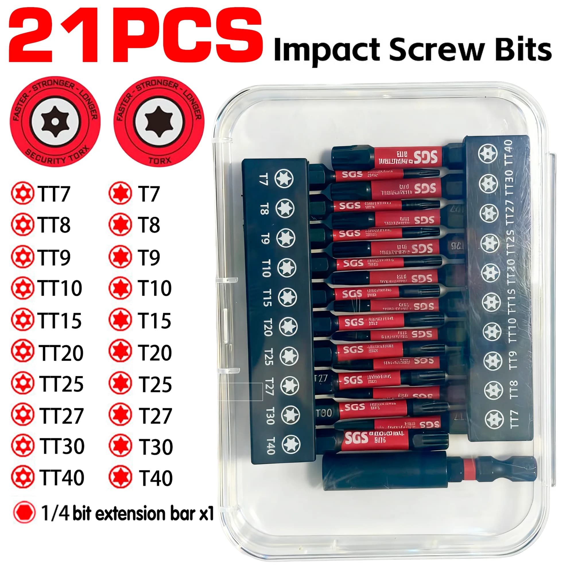 Set di punte da 21 pezzi in acciaio S2 di grado industriale, lunghezza 50 mm, Torx/Hollow Torx, asta di prolunga da 60 mm, resistente agli urti e alla deformazione, scatola di immagazzinaggio trasparente, facile da trasportare, adatto per assemblaggi all'aperto, riparazioni di dispositivi hardware