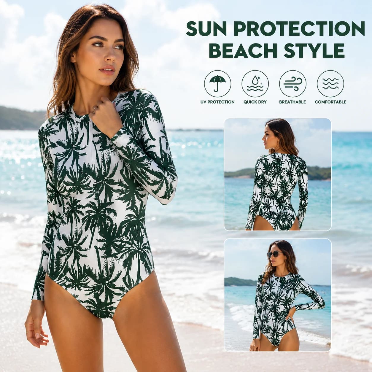 Tropical Palm Print Bodysuits for Women Long Sleeve Front Invisible Zipper Swimsuit Surfing Bathing Quick Dry Beach Swimwear