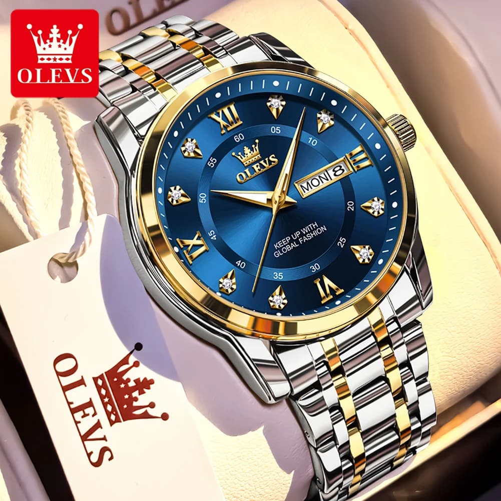 OLEVS Brand Fashion Men's Watch Stainless Steel Waterproof Luminous Quartz Wrist Watch Original For Men Double Calendar