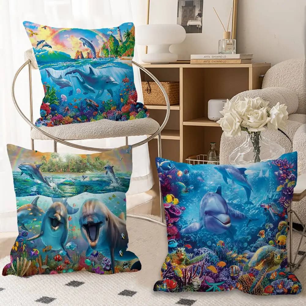 Fodere per cuscini Ocean World Shark Area, decorazioni per divano a tema cartone animato, stampa fronte-retro, in peluche corto, simpatiche fodere per cuscini