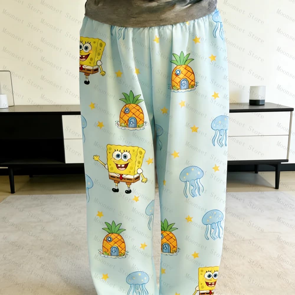 Pantaloni del pigiama delle donne di seta del latte allentato di moda di Bob Sponge carino con stampe di cartoni animati per la primavera autunno 2026 pantaloni comodi per bambini