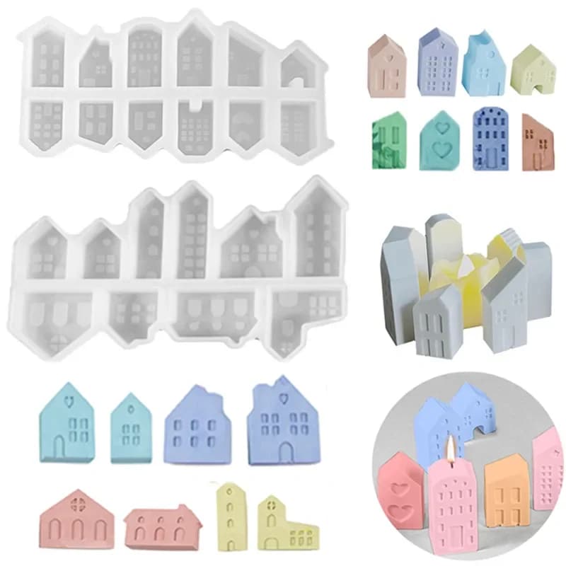 3D Nordic Style Small House Silicone Mold 12-hole House Candle Molds Mini Houses Plaster Concrete Cement Mould Soap Molds
