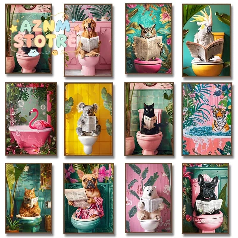 Funny Toilet Animals Black Cat Dog Flamingo Bear Tiger Reading Newspaper Poster Canvas Painting Wall Art Pictures Bathroom De