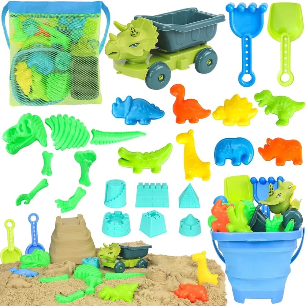 Giocattoli da Spiaggia Dinosauro con Camion Ribaltabile, Secchio Pieghevole, Paletta, Borsa a Rete, Stampi per Sabbia a Forma di Animali, Castello di Sabbia per Bambini