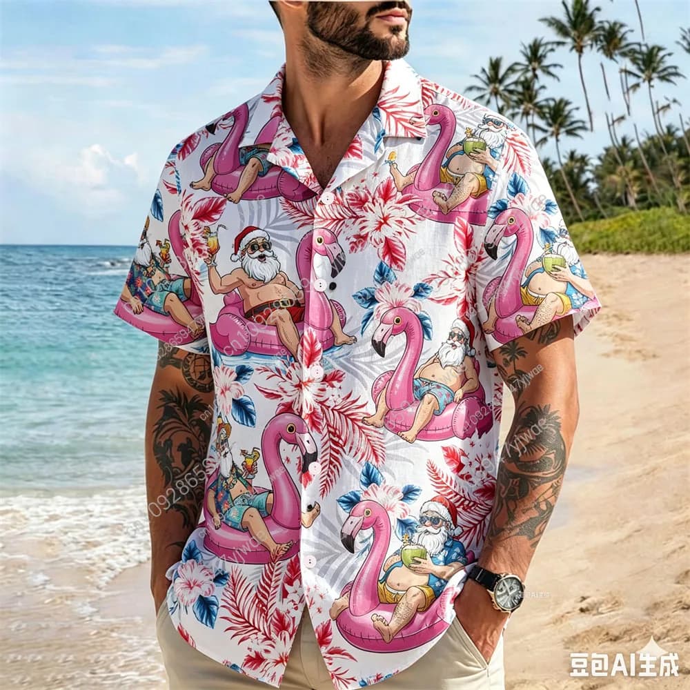 Santa Flamingo Hawaiian Shirt for Men Women Youth Funny Holiday Aloha Shirt Tropical Shirt 3D Graphic Printed T-shirt