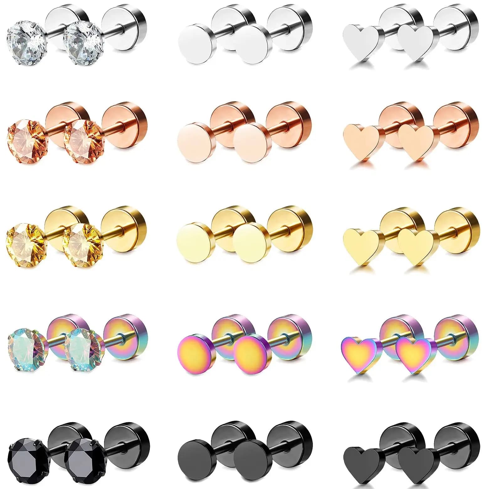 5 Styles 2pcs Stainless Steel Unisex Women Men Round Heart Crystal Zircon Ear Studs Earrings Tragus Cartilage Piercing Jewelry