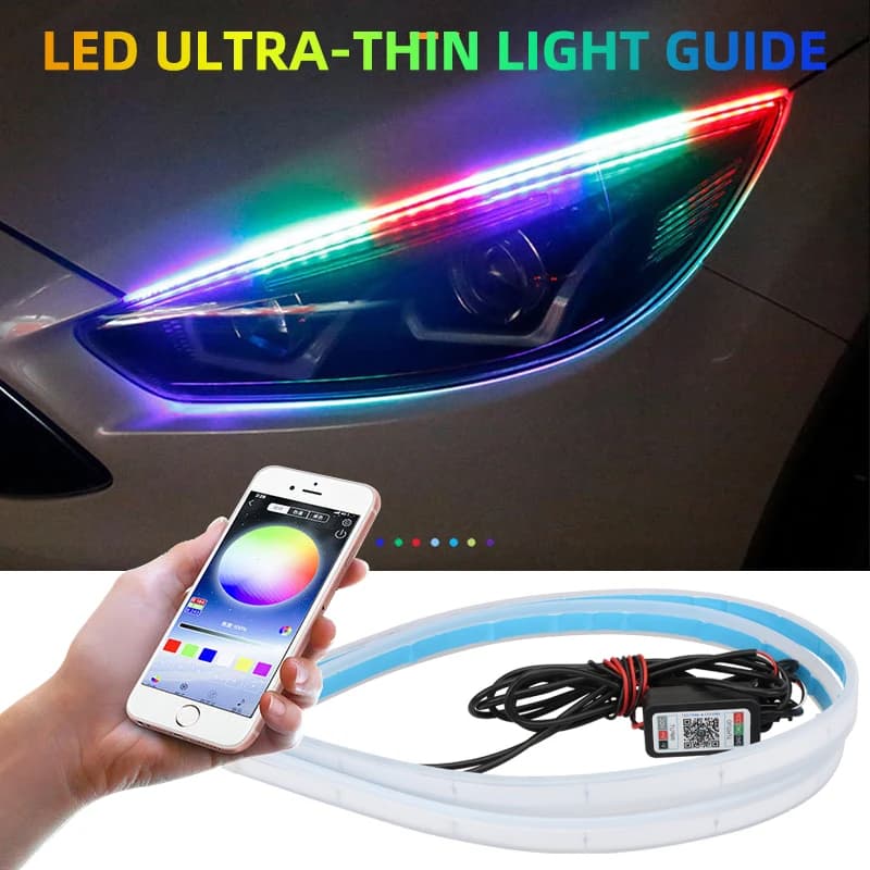 2 pezzi 30CM/45CM/60CM auto LED flessibile RGB luce di marcia diurna striscia APP controllo LED indicatore di direzione barra luminosa che scorre luce di guida