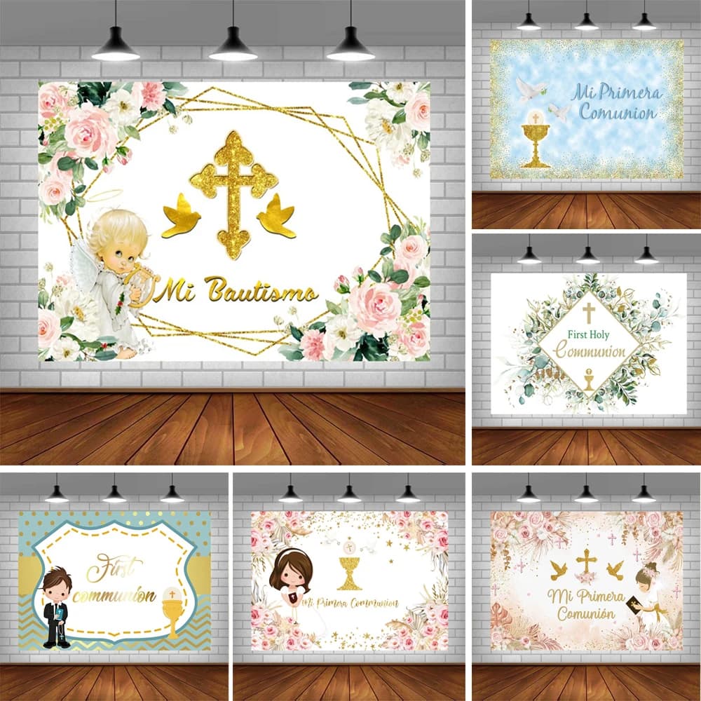 6 x4ft bambini la mia prima comunione fotografia sfondo crocifisso calice oro Glitter Poster personalizzato sfondo fotografico