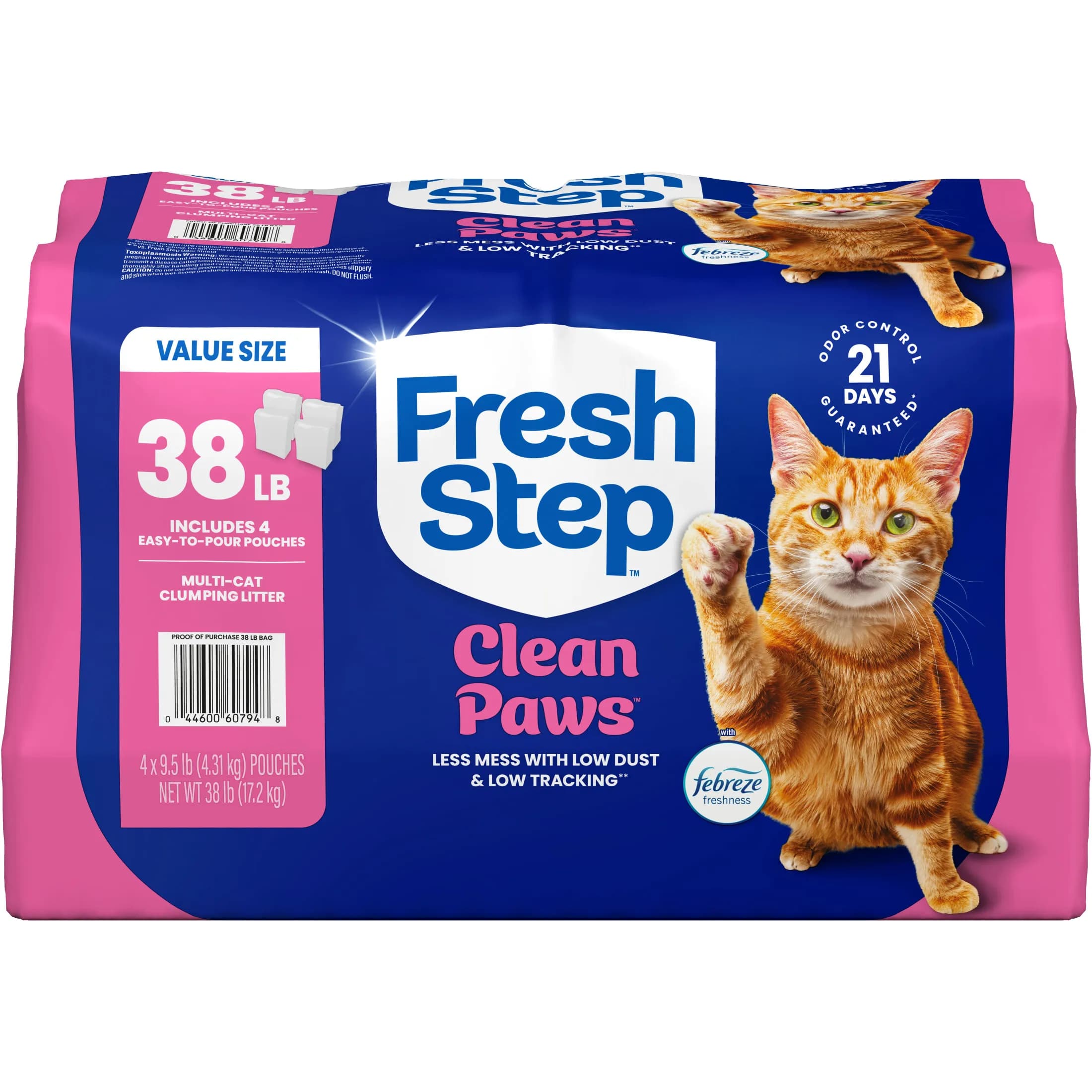 Multi-cat clumping litter with freshness control, 38 lb total weight, easy-pour pouches, 4-pack