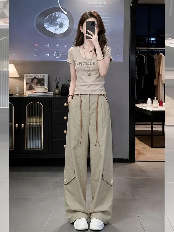 Korean Style Slimming Anti-Aging Two-Piece Set Women's Khaki U-Neck Letter T-Shirt Casual Workwear Wide Leg Pants Ensemble