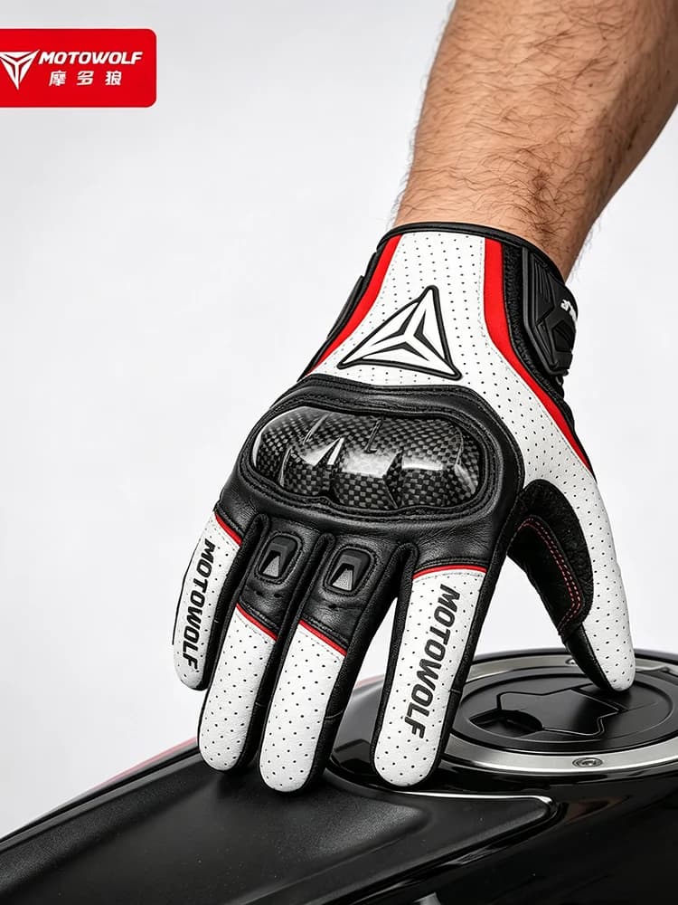Guanti da moto traspiranti per tutte le stagioni, in vera pelle con protezione per le nocche in fibra di carbonio, per uomo e donna, accessori.