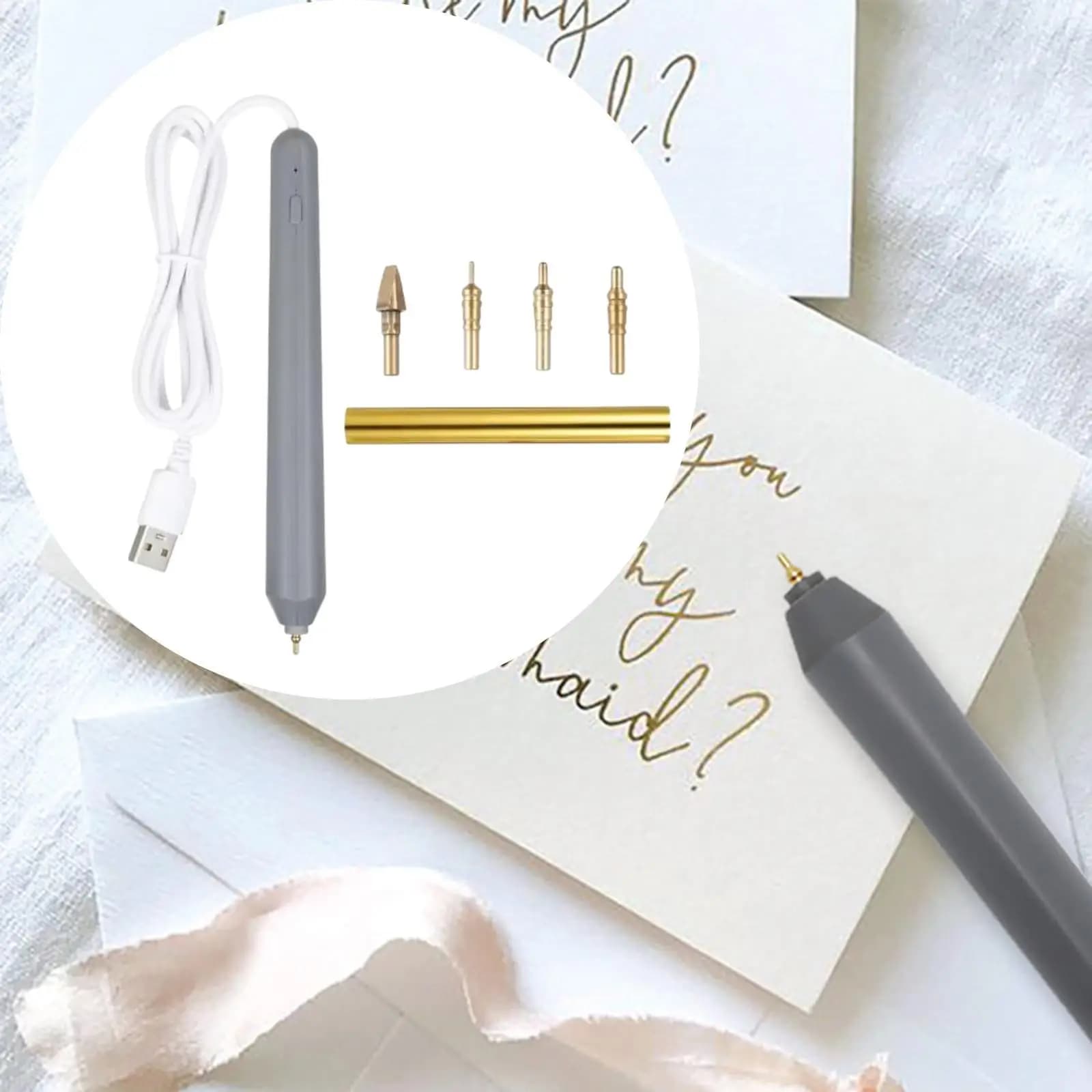 USB Heat Foil Pen Scrapbooking Tool Kit 6.14x0.71inch Multipurpose Hot Embossing Stamping Pen with 4 Size Tips for Embossing