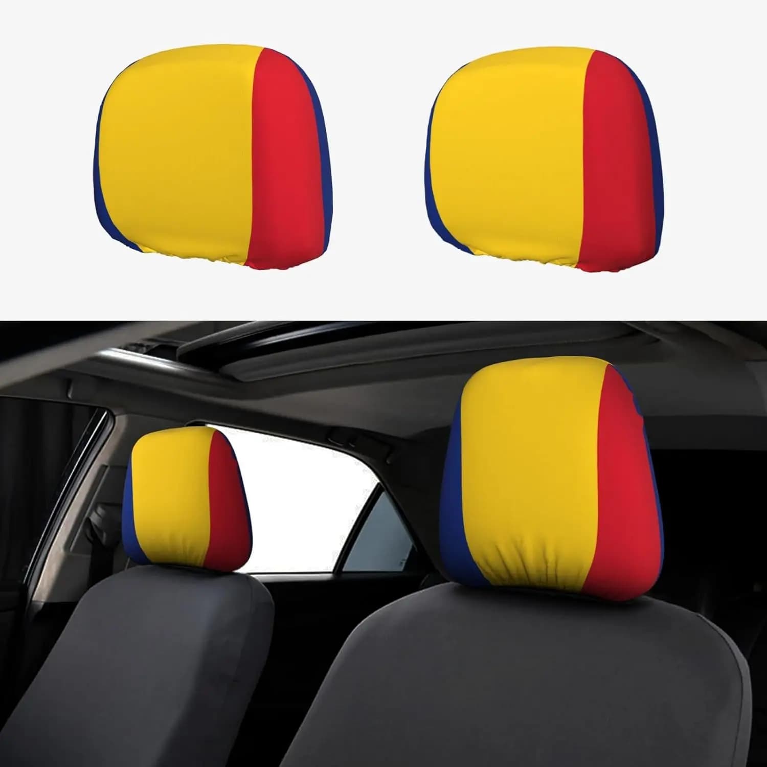 Car headrest cover with Romania flag print, 2 pack, universal patriotic protectors for most cars, soft