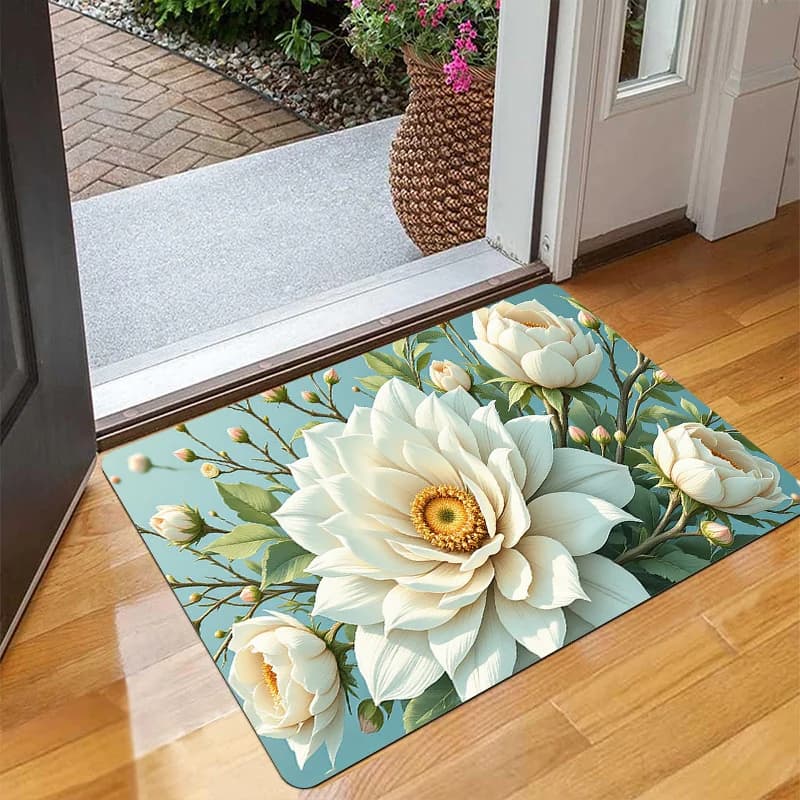 Fresh White Floral Doormat Green Leaf Botanical Print Non Slip Entry Rug For Front Porch And Nature Inspired Decor