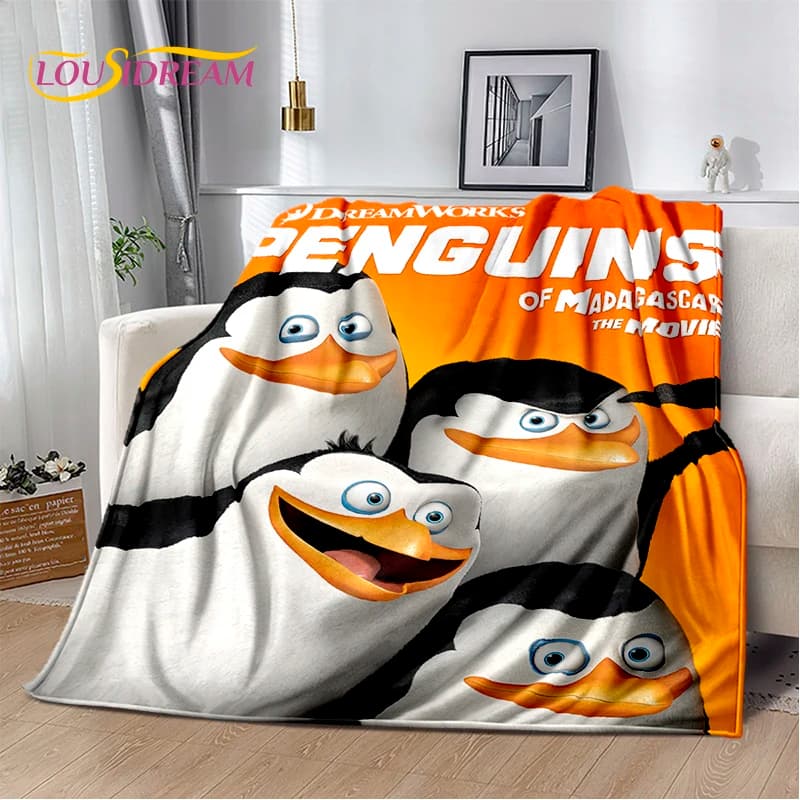 Simpatico pinguino del Madagascar Coperta da cartone animato, morbida coperta da tiro per la casa, camera da letto, divano letto, picnic, viaggio, ufficio, regalo per bambini