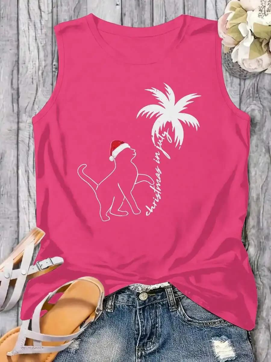 Canotta da donna taglie forti con stampa gatto e palma, senza maniche, casual, per vacanze estive, a tema Natale in luglio