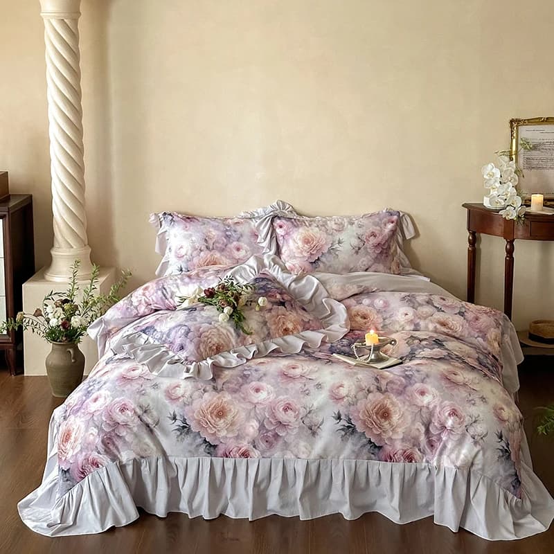 Set duvet with floral print Set luxury lace bedding princess 100% cotton Bed linen with corners Faithful Home textiles