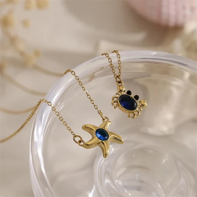 EILIECK Women's Crab Dark Blue Zircon Pendant Necklace 18K Gold PVD Plated Stainless Steel Waterproof Neck Chain Daily Jewelry