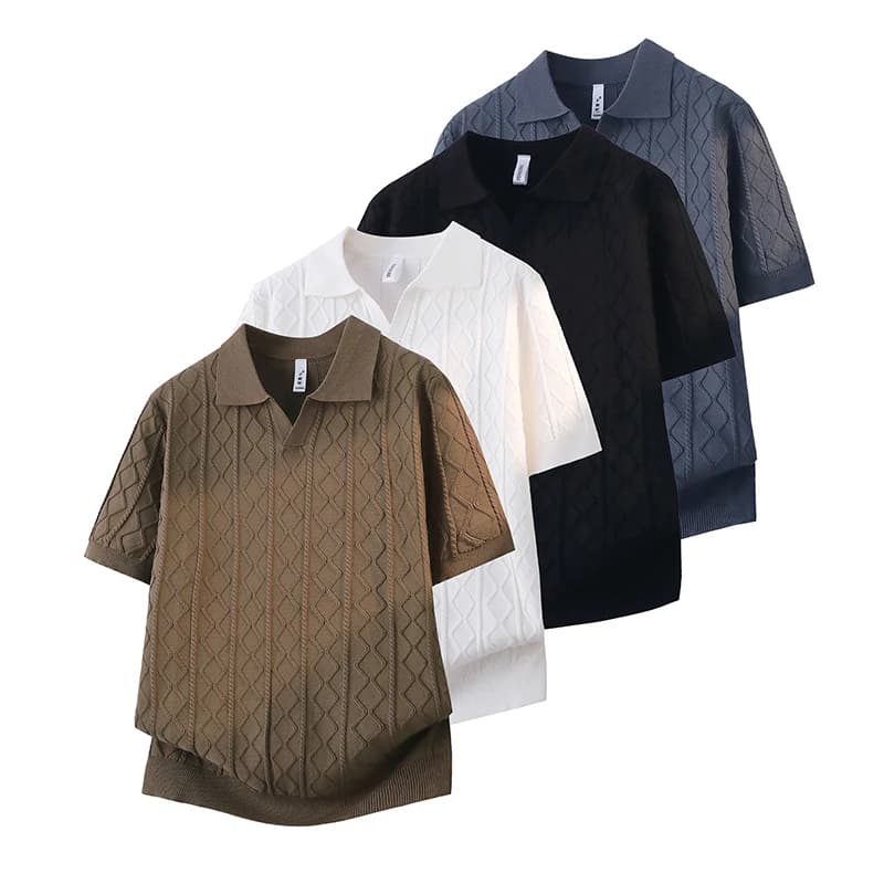 Summer Fashion Solid-Color Jacquard Short-Sleeve T-Shirts Fashionable Casual Knit Top Business Polo Shirts Men's Pullover Blouse