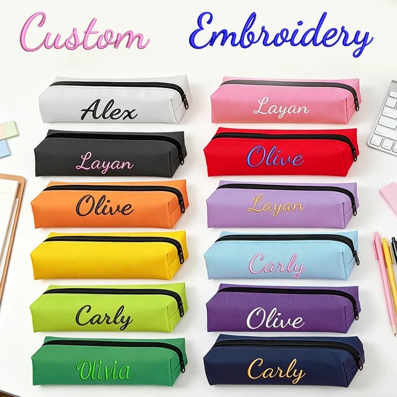 Ricamo personalizzato/stile standard, 2 opzioni, astuccio a tinta unita dal design dritto, elegante, semplice, perfetto per il ritorno a scuola!