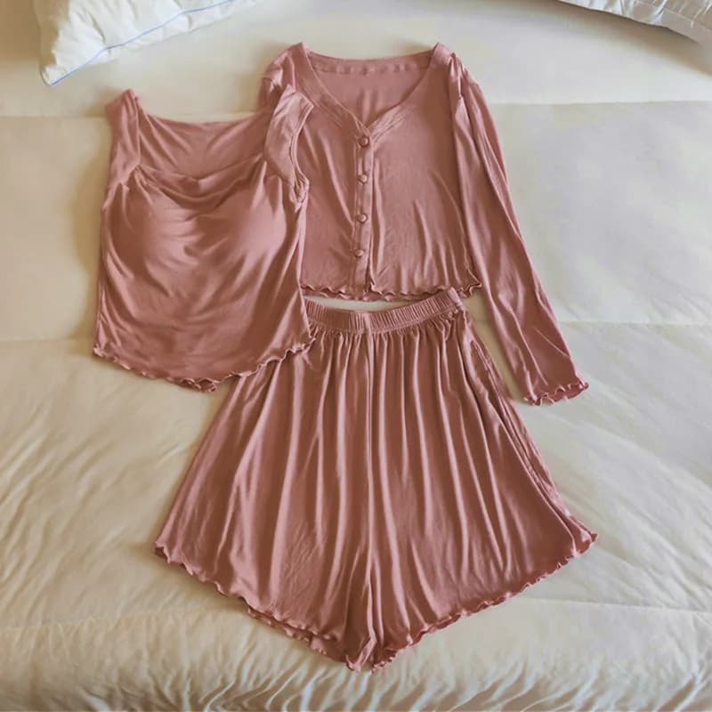 Pigiama da donna Set di indumenti da notte modali Pettorina Primavera Estate Abiti sexy per la casa Nuovi pantaloncini a maniche lunghe Tre pezzi Pijama Suit