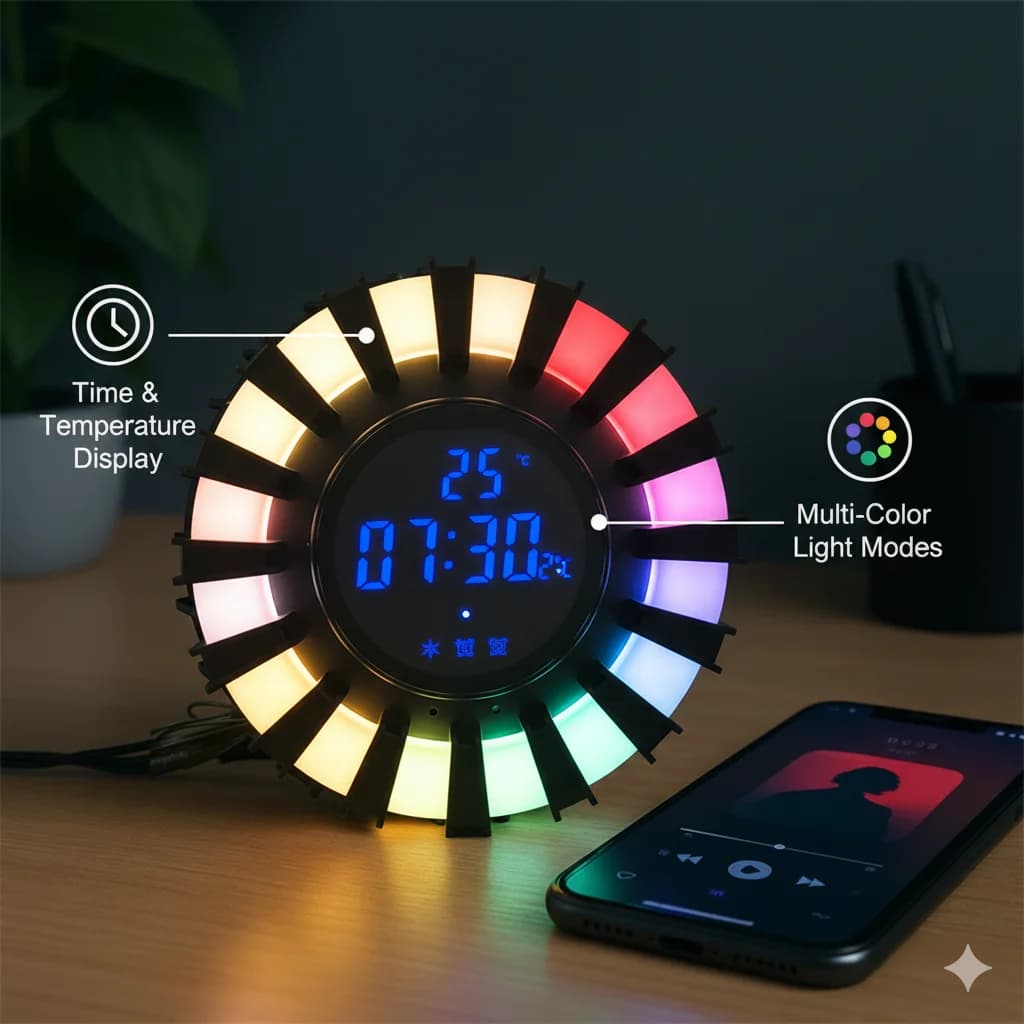 Sveglia digitale con luce di raccolta RGB Altoparlante Bluetooth Display della temperatura Luce ambientale a LED multifunzione per scrivania della camera da letto