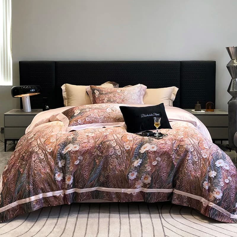 Set of bed linen with digital print of luxury flowers in Egyptian cotton 1000TC 1 set duvet, 1 flat/with corners, 2 pillowcases