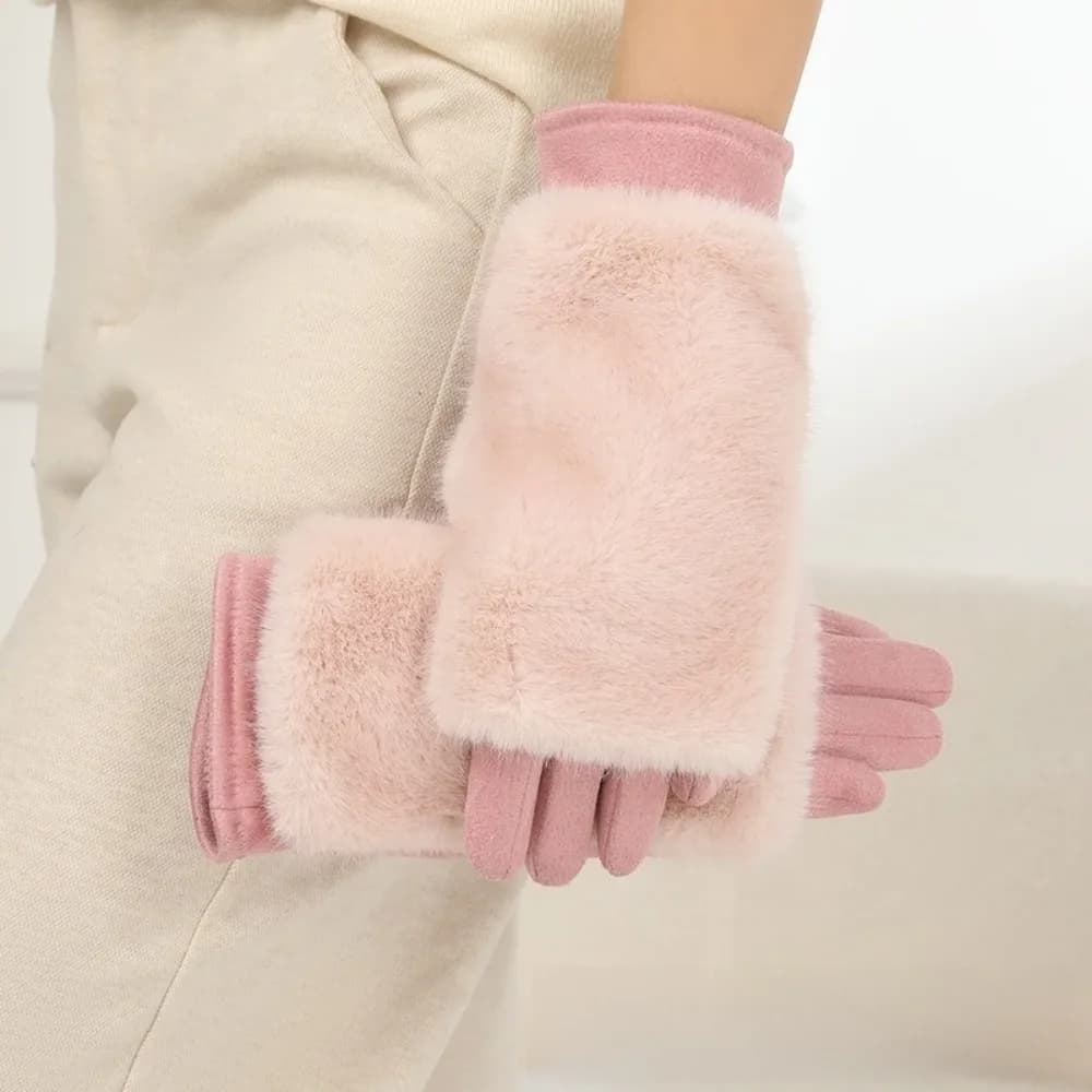 Guanti eleganti in pelle scamosciata tinta unita Guanti invernali da donna staccabili addensati mantengono caldi guanti termici in pelliccia sintetica di coniglio per la stagione fredda