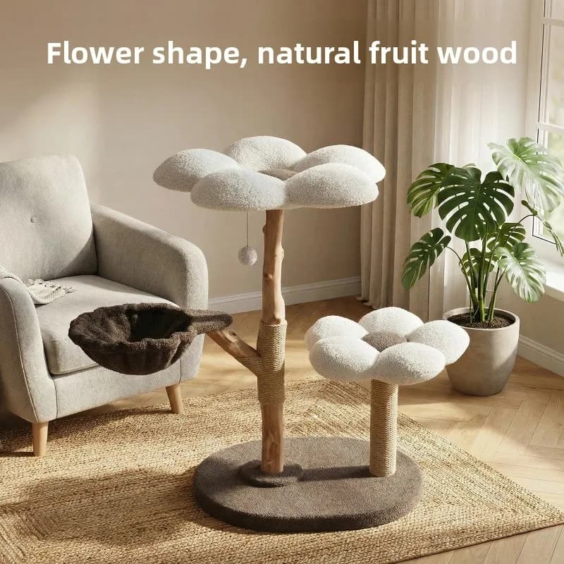 Natural Solid Wood Cat Tree with Cute Flower Cat Bed Fruit Wood Trunk Cat Climbing Tower Scratching Post for Indoor Cats