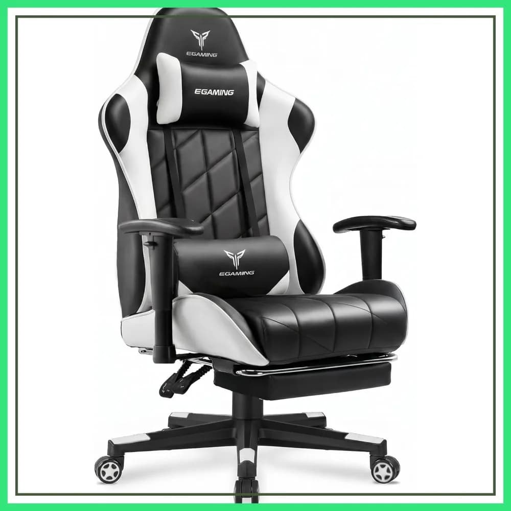 Sedia da gaming ergonomica con poggiapiedi, schienale alto in pelle PU, altezza regolabile, 360° ° Girevole, Bianco