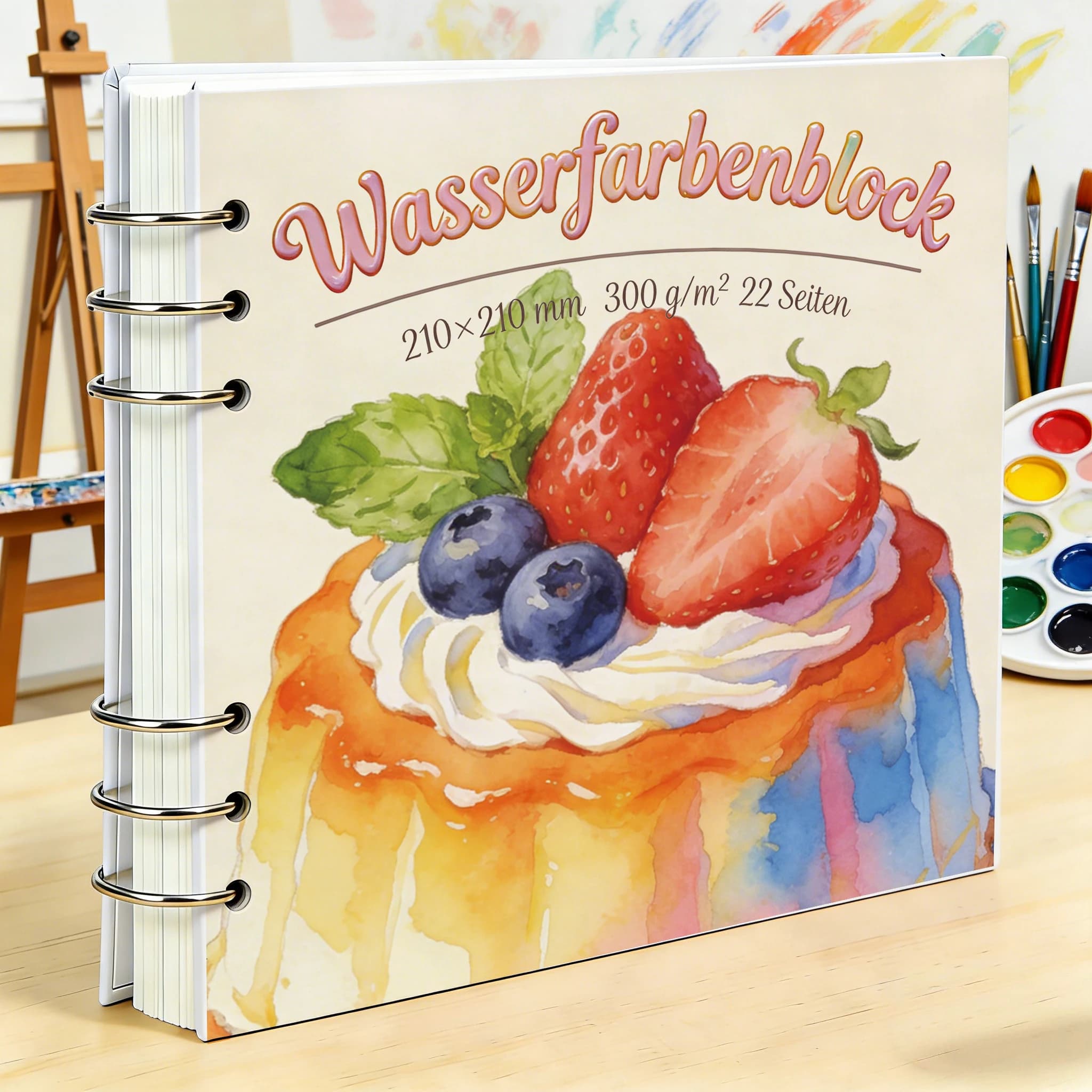 Professional Watercolor Sketchbook 210×210 mm, 300 GSM Rough Paper, Removable Metal Rings, Hand-Painted Dessert Cover, 22 Sheets