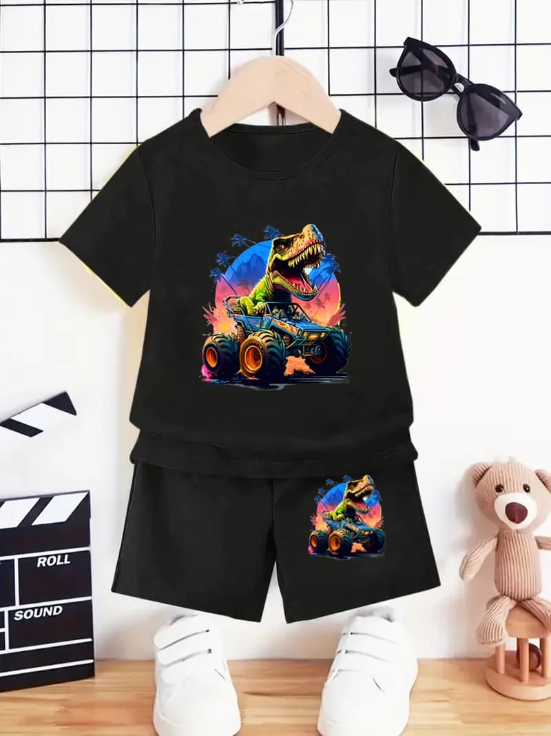Summer Boys Black Short-Sleeved Shorts Suit, Dinosaur And Car Print Cool Combination