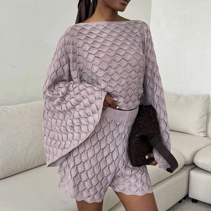 Spring Summer Holiday Casual Outfit Fashion Knitted Beach Suits 2026 Women's O-neck Long Sleeved Top with Shorts Two Piece Set