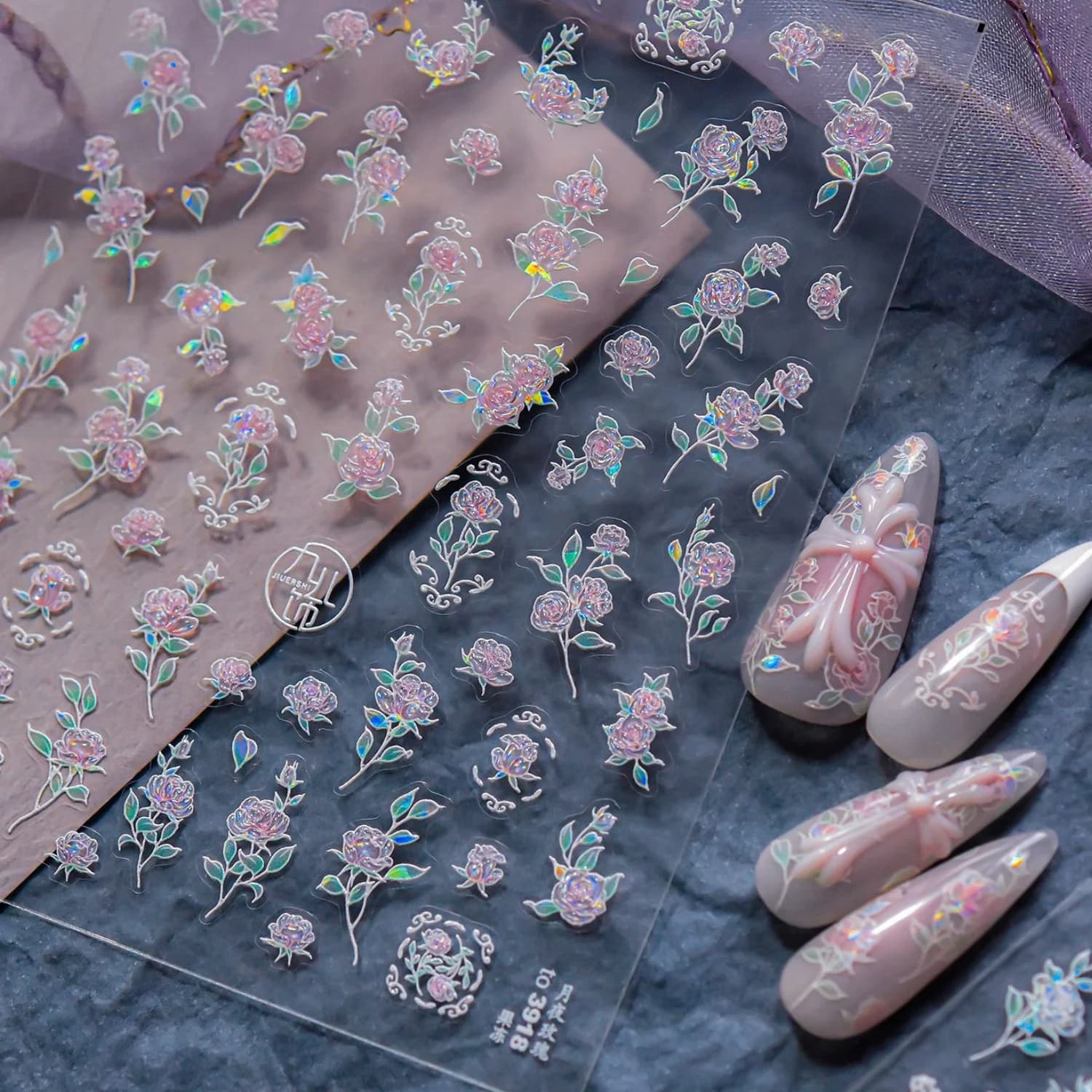 Stickers for Nails 5D Holographic with Rose and French Tip, Pink-Viola, Floral Patterns and Round Frames, Self-adhesives
