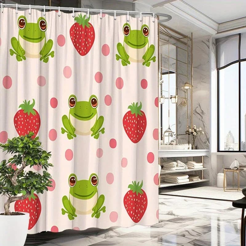Tenda da doccia con rana e fragola da 1 pezzo - Rane verdi giocose su rosa, poliestere, durevole, facile da pulire, design stravagante