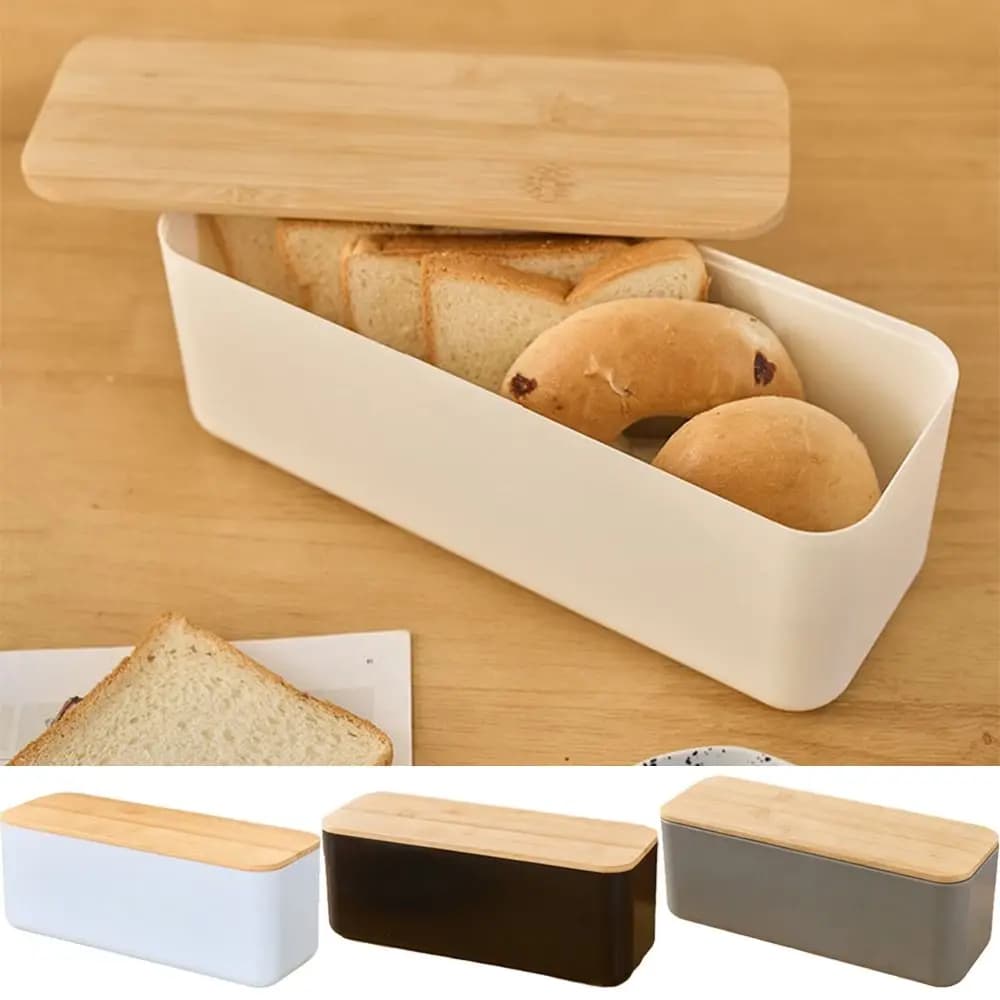 Cutting Board Lid Bread Box With Wooden Lid Bamboo Lid Rectangular Shape Food Storage Container Space Saving Fresh Keeping