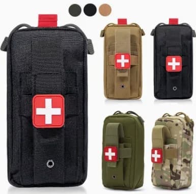 Tactical First Aid Kit with Tourniquet, Scissors, Bandages & Gauze – Compatible Hanging Bag for Outdoor Survival, Camping