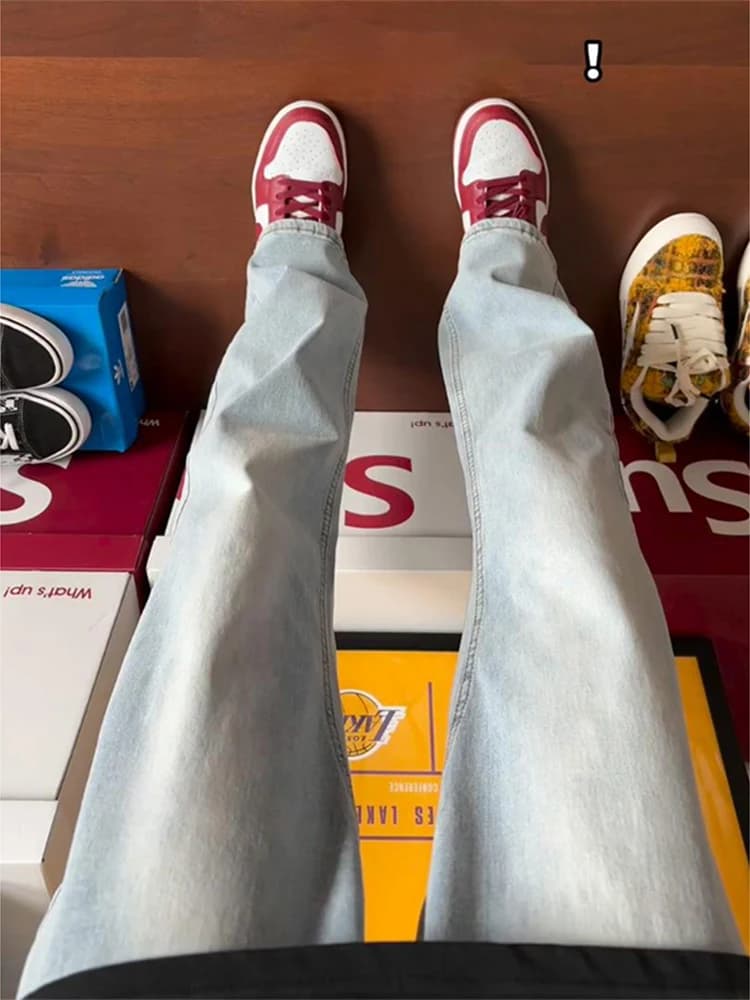 Cleanfit Light Blue Men's Jeans American Vibe Straight Leg Slim Fit Casual Jeans Youth Trend High Waist Water Washed