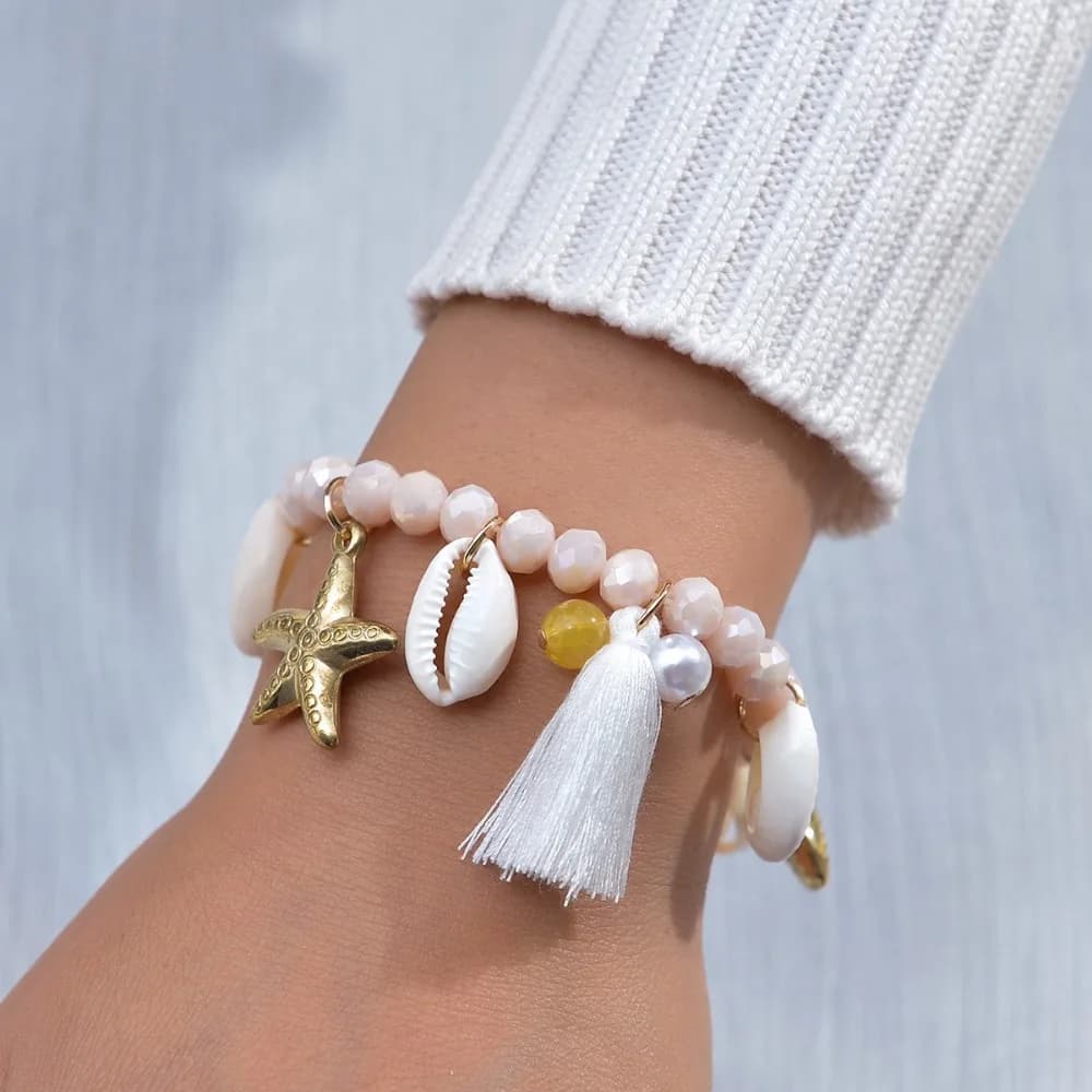 Bohemian Marine Style Shell Imitation Pearl Starfish Tassel Pendant Crystal Beaded Woven Bracelets for Women Beach Party Jewelry