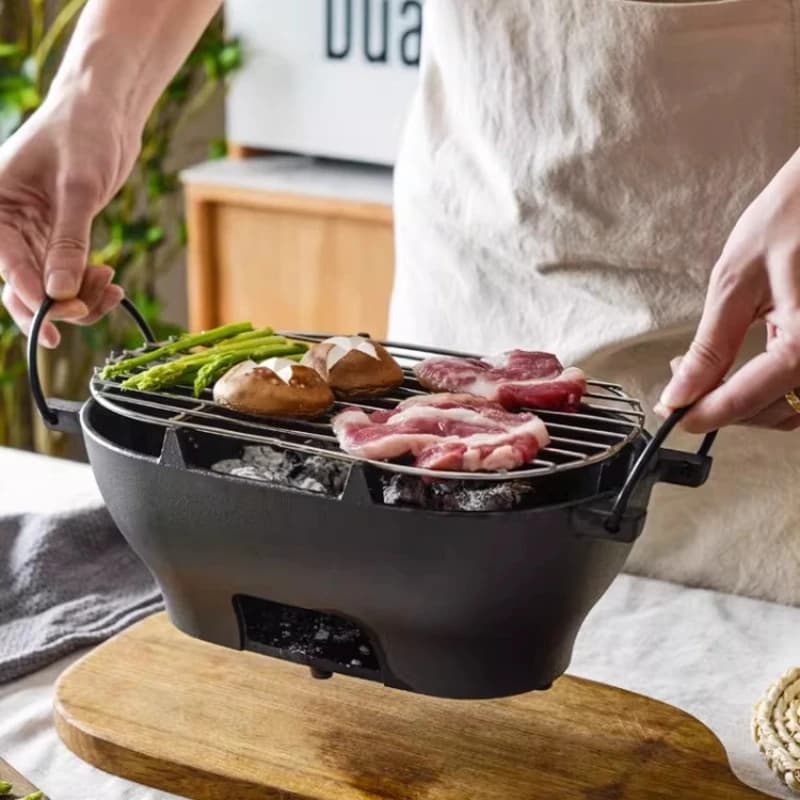 Cast Iron Grill with Non-Stick Oval Pan, Portable Outdoor Barbecue & Camping Stove, Multifunctional Charcoal Grill for Backyard