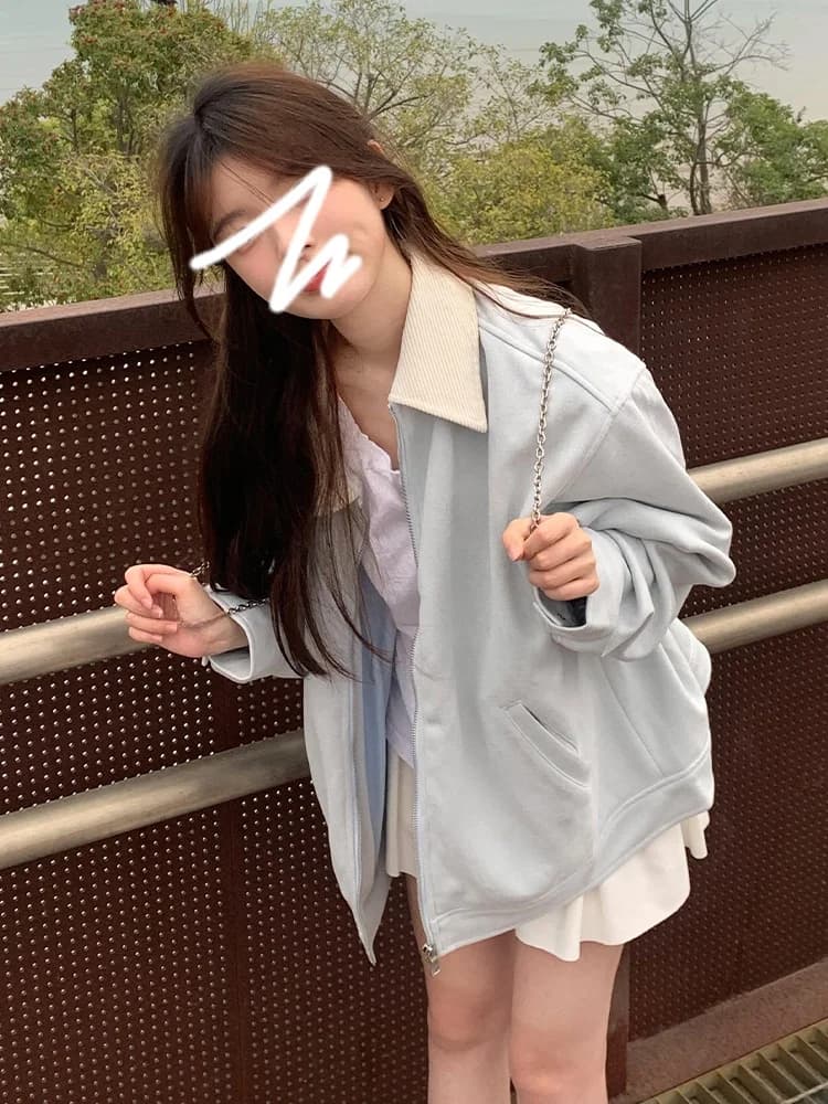 Unique Blue Zipper Baseball Jacket Women's Spring Autumn Lazy High-End Loose Match All Baseball Uniform Sweet Style Coat