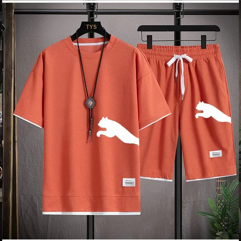 Summer new breathable men's short-sleeved T-shirt + shorts 2-piece outdoor jogging training printed men's sportswear set
