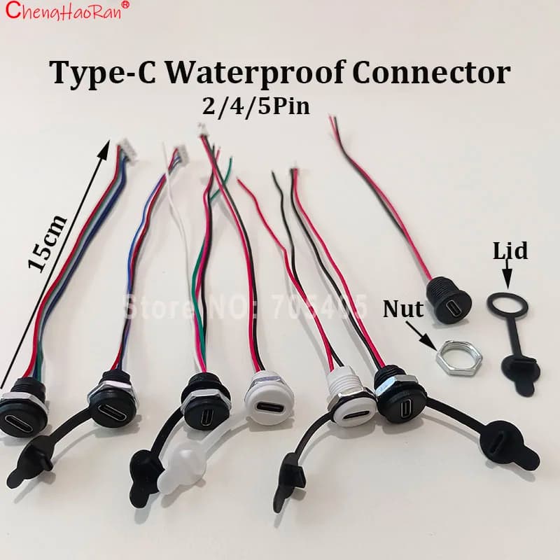 ChengHaoRan 2/4/5Pin Type-C Connector With Line Nut Locking Plate PH2.0 Waterproof Cap High Current Fast Charging Jack USBC Port