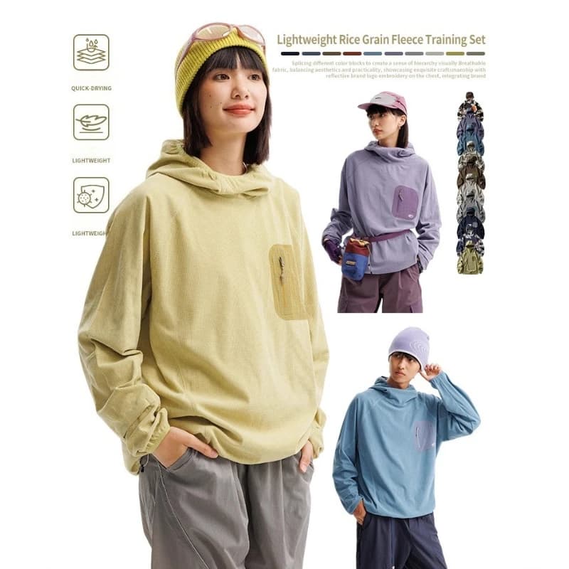 Top da allenamento in pile leggero con cappuccio ad asciugatura rapida per sport all'aria aperta Design unisex con molteplici opzioni di colore Felpa con cappuccio da campeggio all'aperto