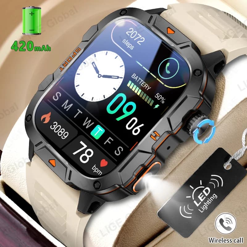 Smartwatch LIGE per Sport all'Aperto con Torcia LED, Schermo HD da 1,96", Monitoraggio Pressione Sanguigna e Frequenza Cardiaca, Chiamate Bluetooth